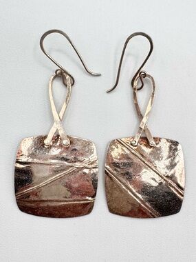 Silver Artisan Handmade Brutalist Abstract Dangle Earrings Acid Tested Patina